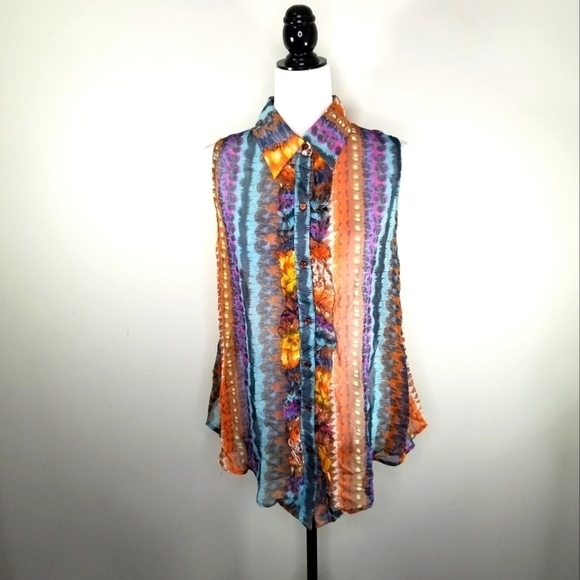 Papa Vancouver Women's Cut Off Shoulder All Over Print Button Up Blouse Size L - Picture 9 of 10